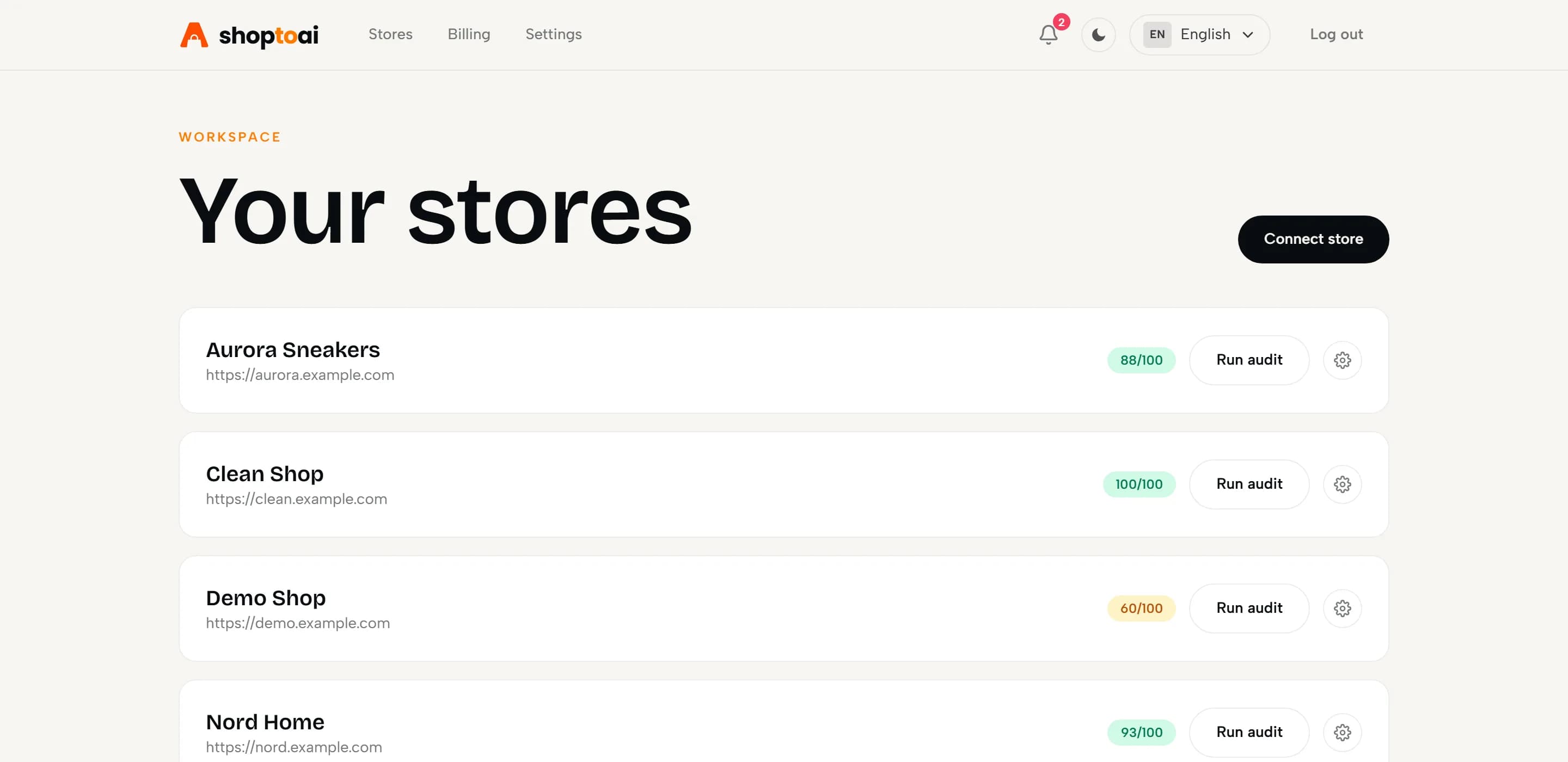 shoptoai dashboard: your stores and AI-readiness scores